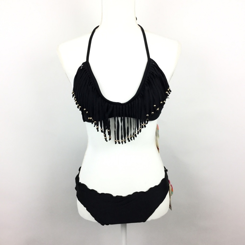 Raisins Bikini 2 pc Black Fringe Top Ruched Bottom